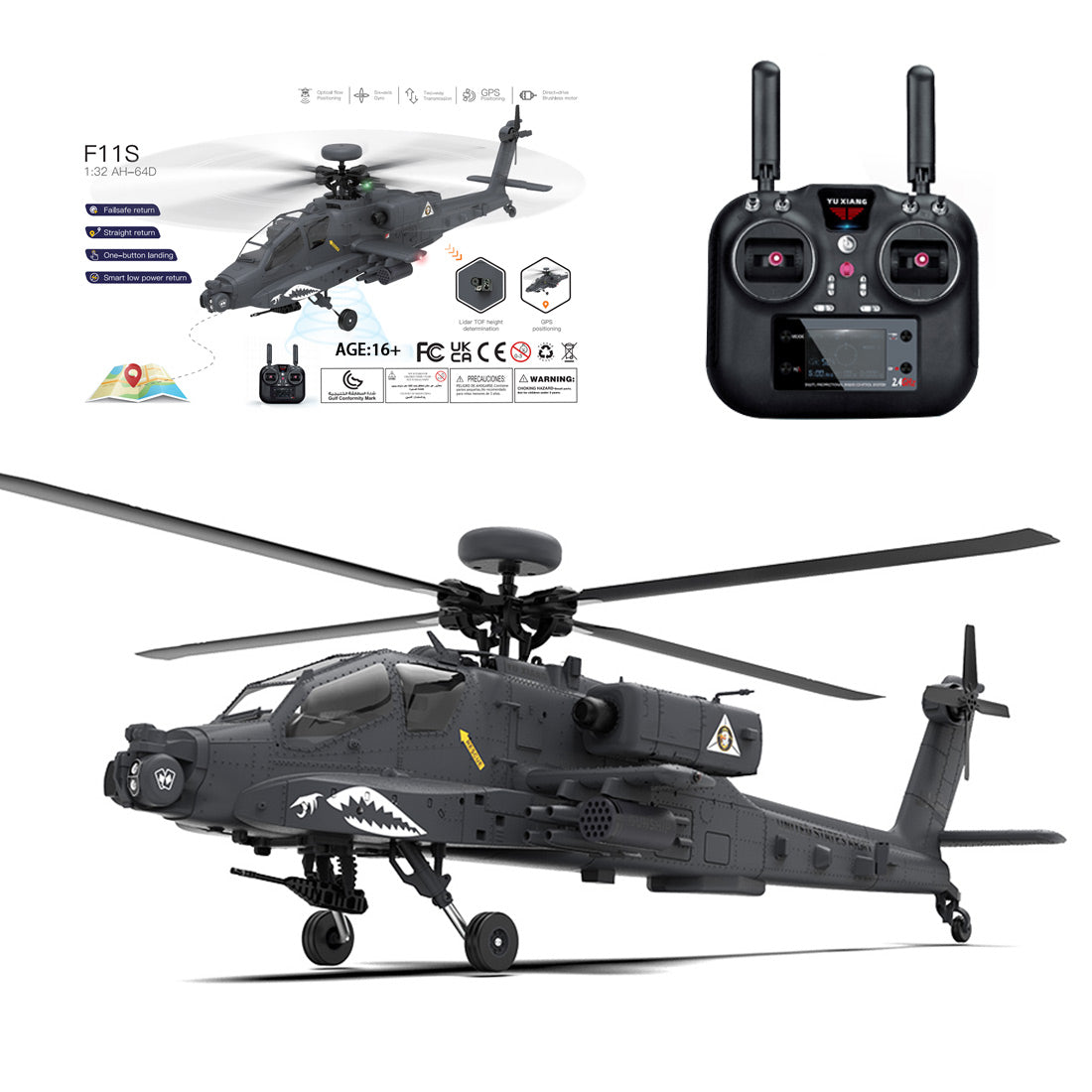 YU XIANG F11-S AH64 Apache RC Helicopter 1/32 2.4G 6CH RTF GPS Smart Version - stirlingkit