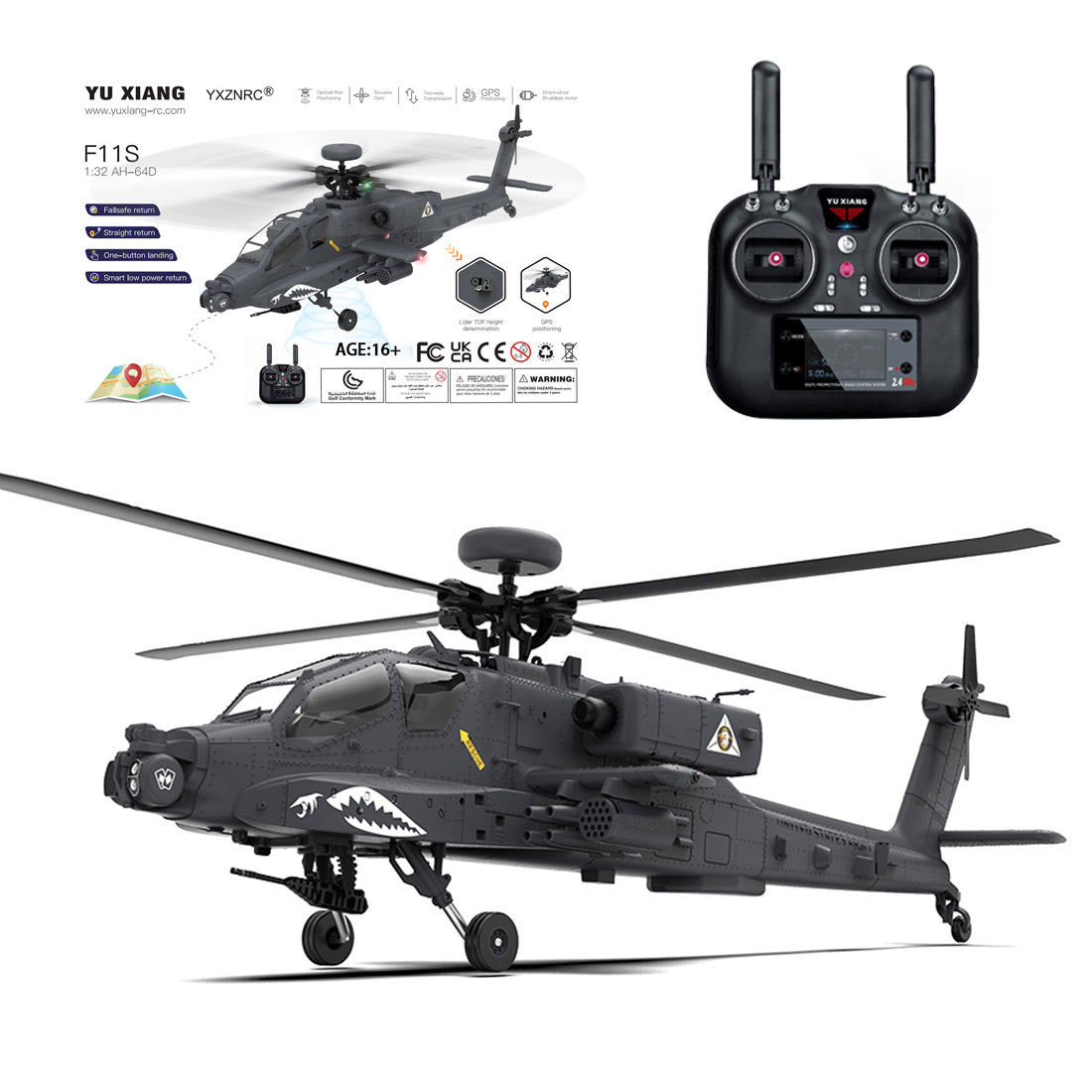 YU XIANG F11-S AH64 Apache RC Helicopter 1/32 2.4G 6CH RTF GPS Smart Version - stirlingkit