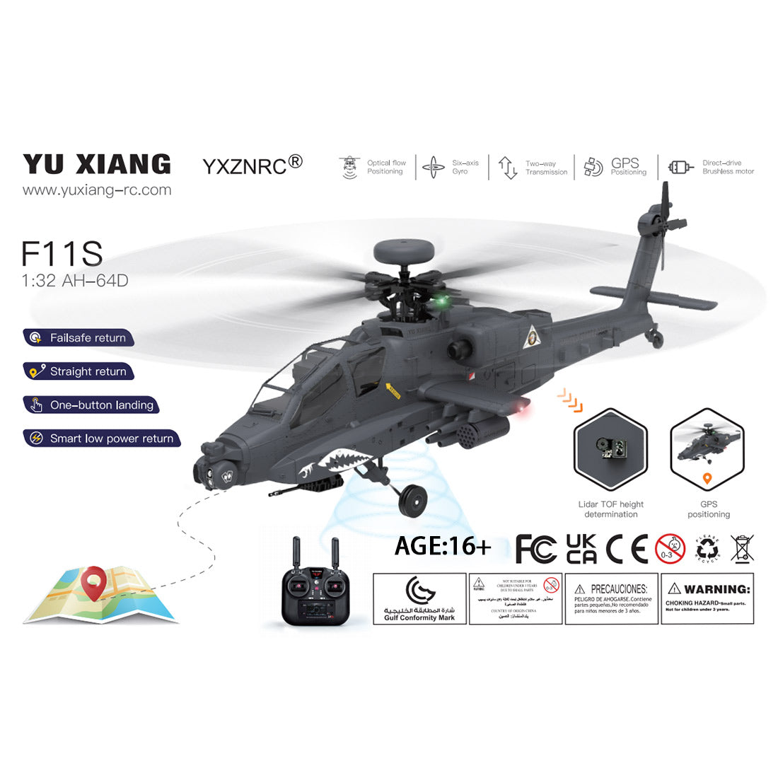 YU XIANG F11-S AH64 Apache RC Helicopter 1/32 2.4G 6CH RTF GPS Smart Version - stirlingkit