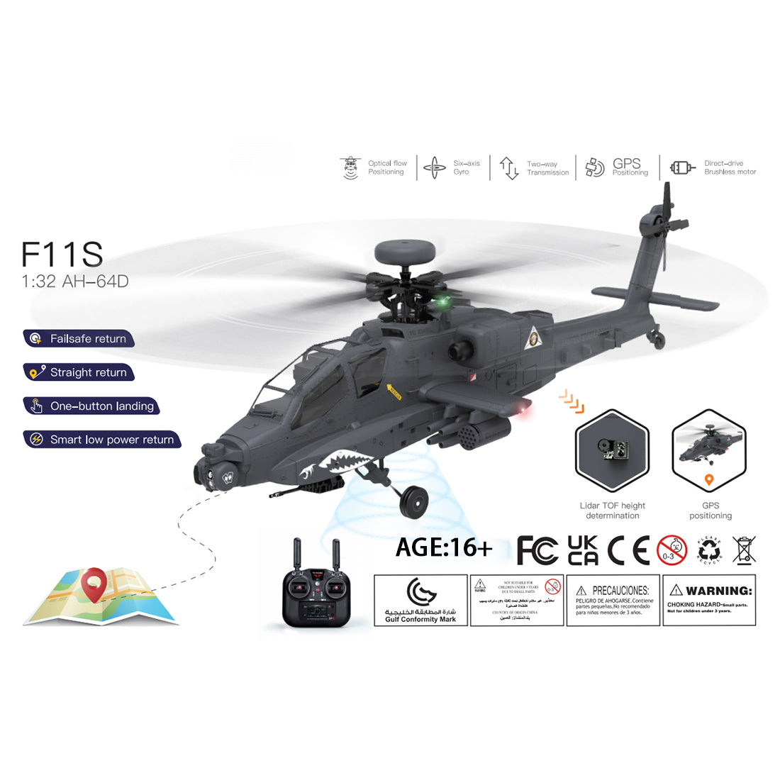 YU XIANG F11-S AH64 Apache RC Helicopter 1/32 2.4G 6CH RTF GPS Smart Version - stirlingkit