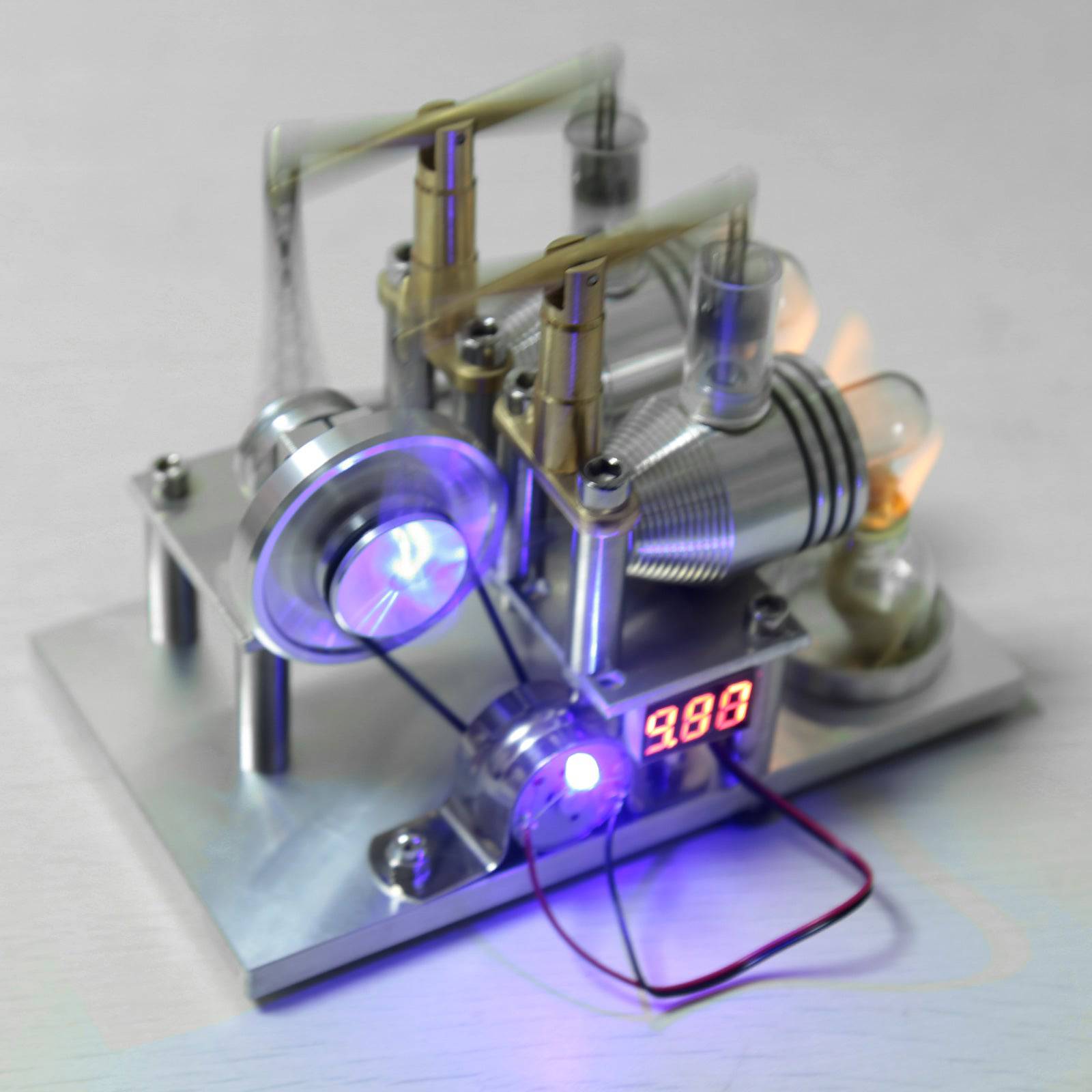 Custom Stirling Engine 2 Cylinders Hot Air Generator Model with Voltage Meter LED Bulb Science Experiment Educational Toy - stirlingkit