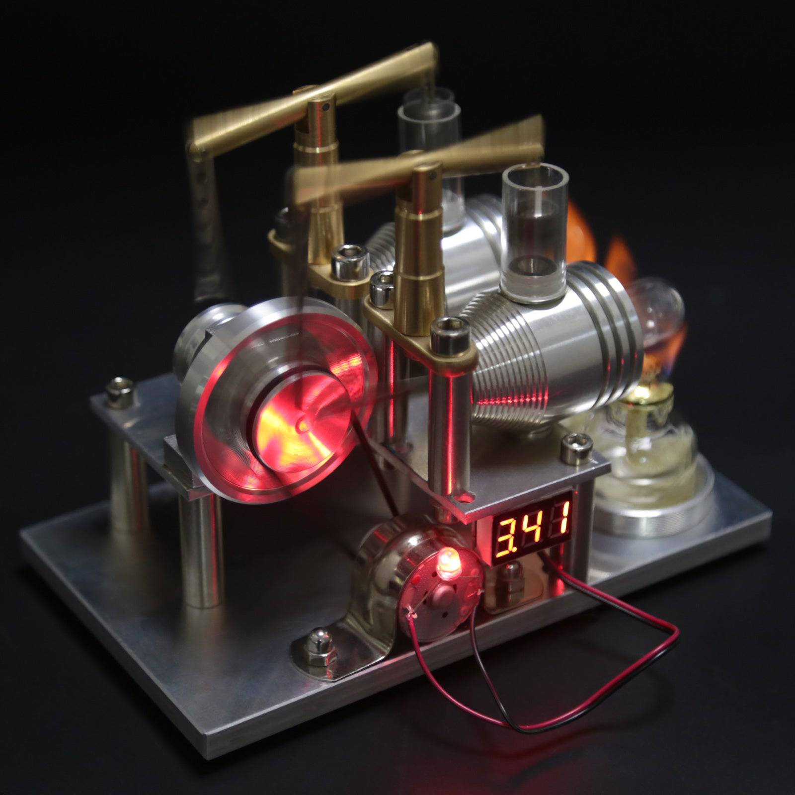 Custom Stirling Engine 2 Cylinders Hot Air Generator Model with Voltage Meter LED Bulb Science Experiment Educational Toy - stirlingkit