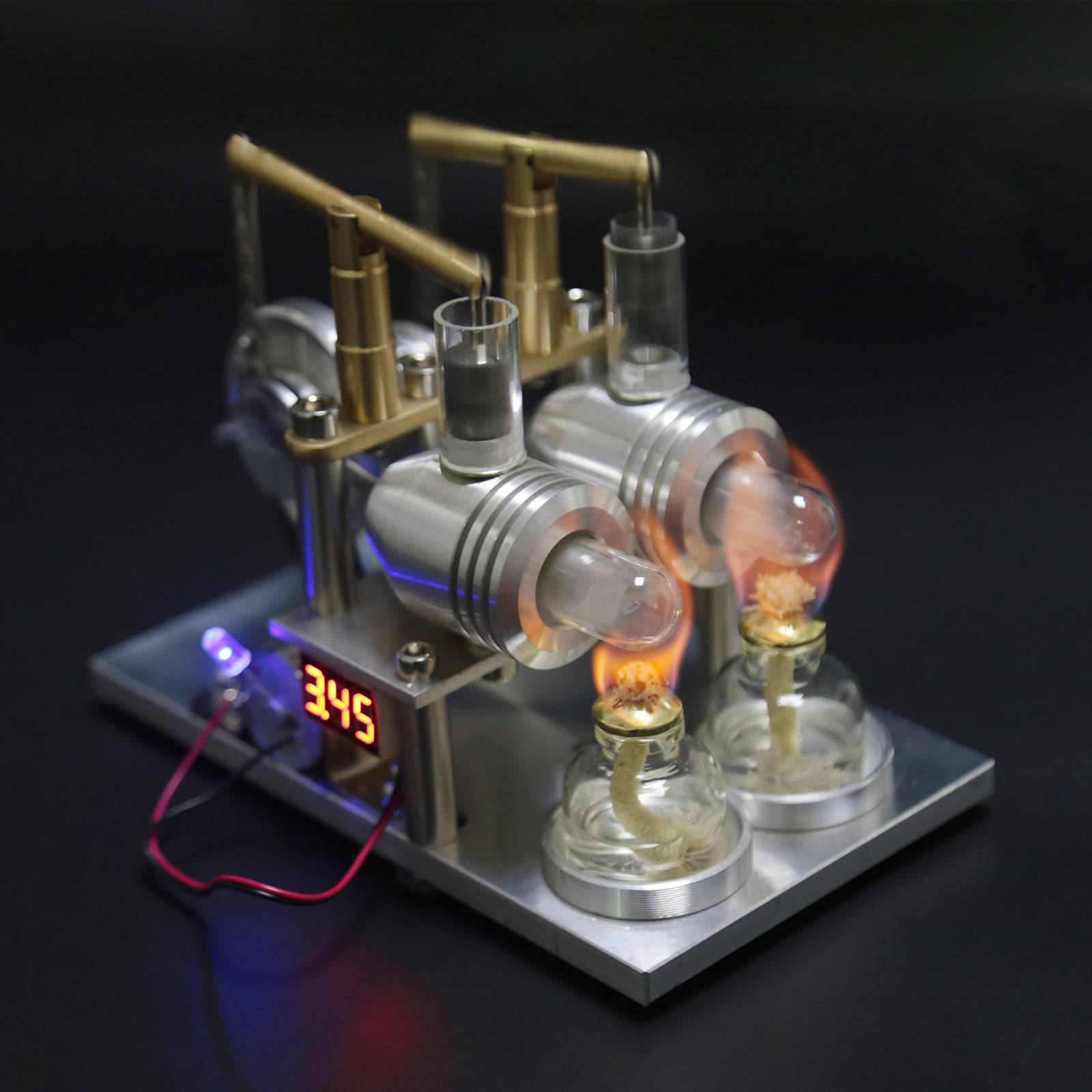 Custom Stirling Engine 2 Cylinders Hot Air Generator Model with Voltage Meter LED Bulb Science Experiment Educational Toy - stirlingkit