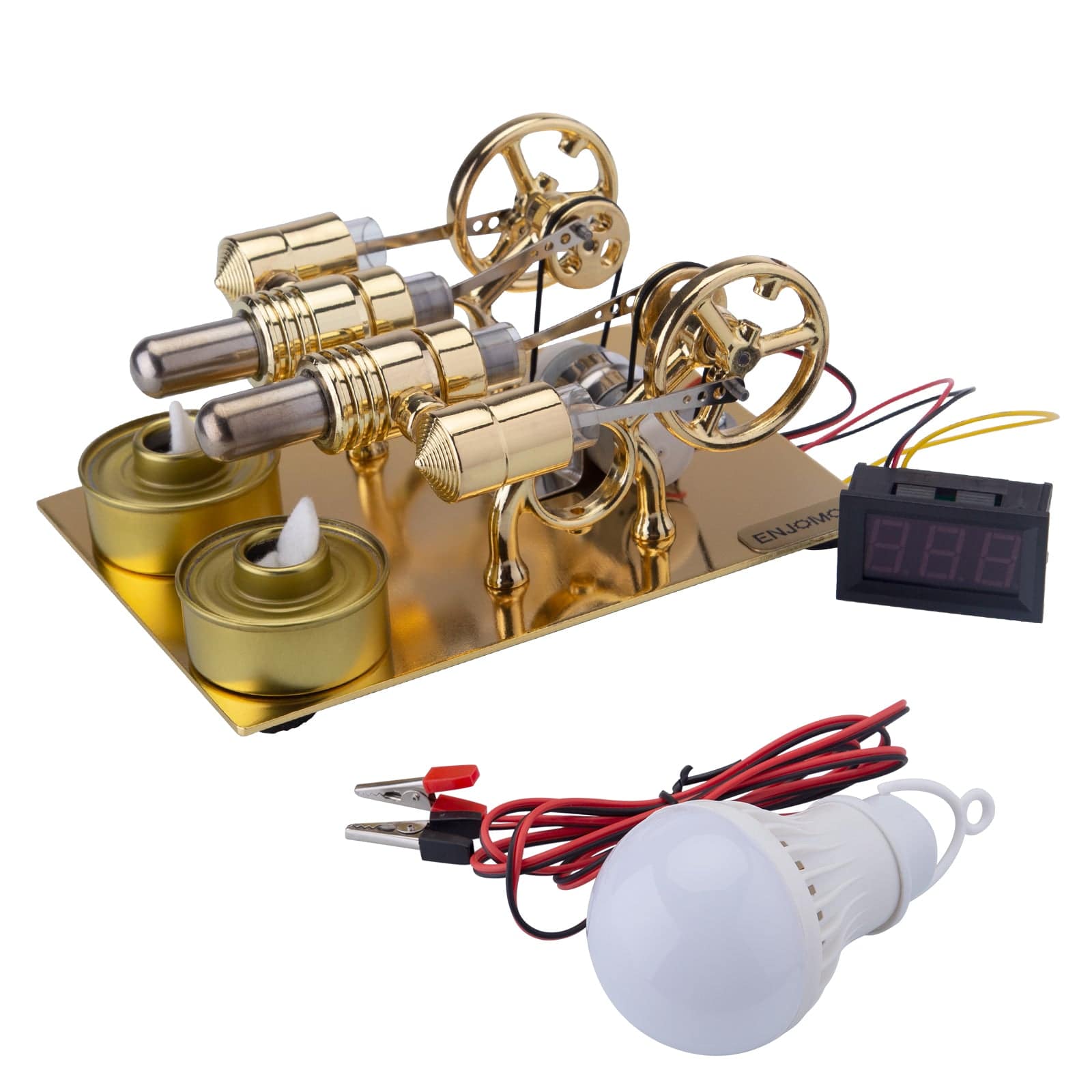 ENJOMOR 4 Cylinder Hot Air Stirling Engine Generator with Bulb & Voltmeter - stirlingkit