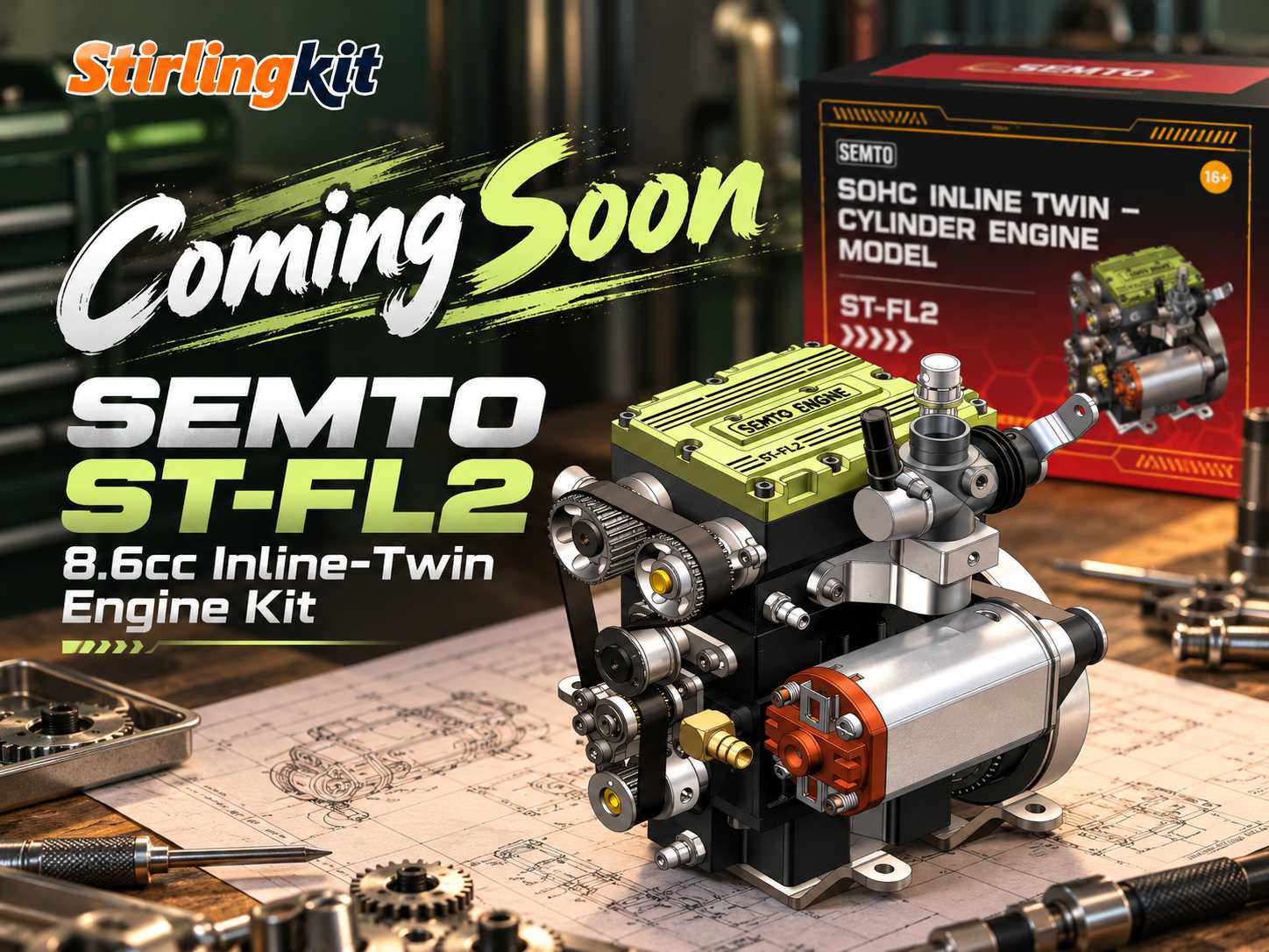 Coming Soon: SEMTO ST-FL2 8.6cc Inline-Twin Engine Kit | Stirlingkit