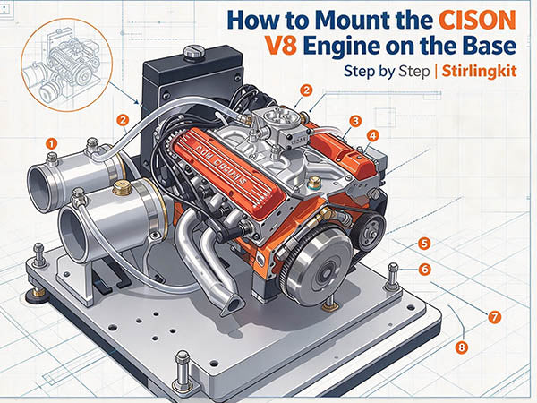 How to Mount the CISON V8 Engine on the Base and Connect the Starter Kit | Stirlingkit
