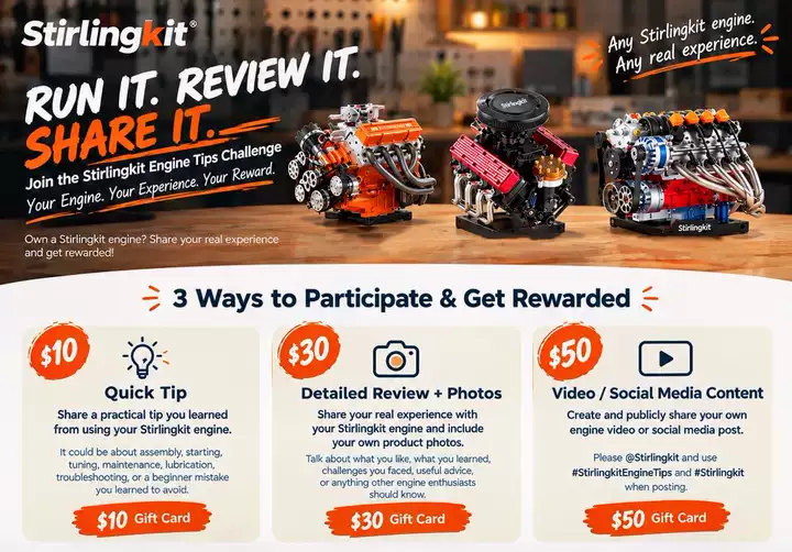 RUN IT. REVIEW IT. SHARE IT. — Join the Stirlingkit Engine Tips Challenge | Stirlingkit