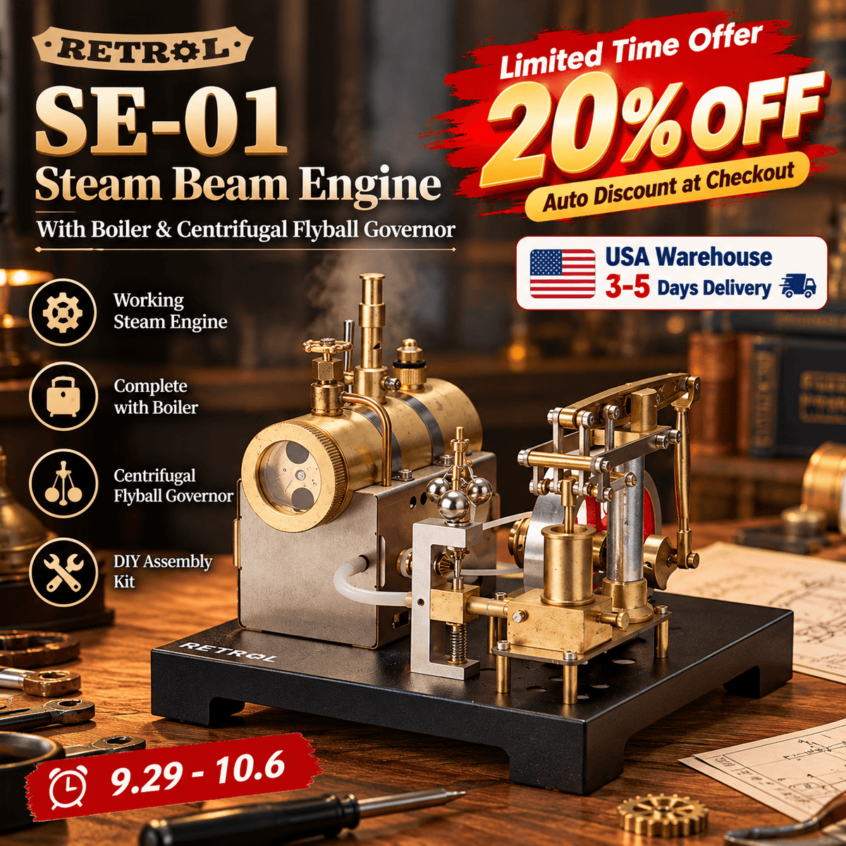 RETROL DIY Steam Beam Engine Model with Boiler & Centrifugal Flyball Governor Model Assembly Kit
