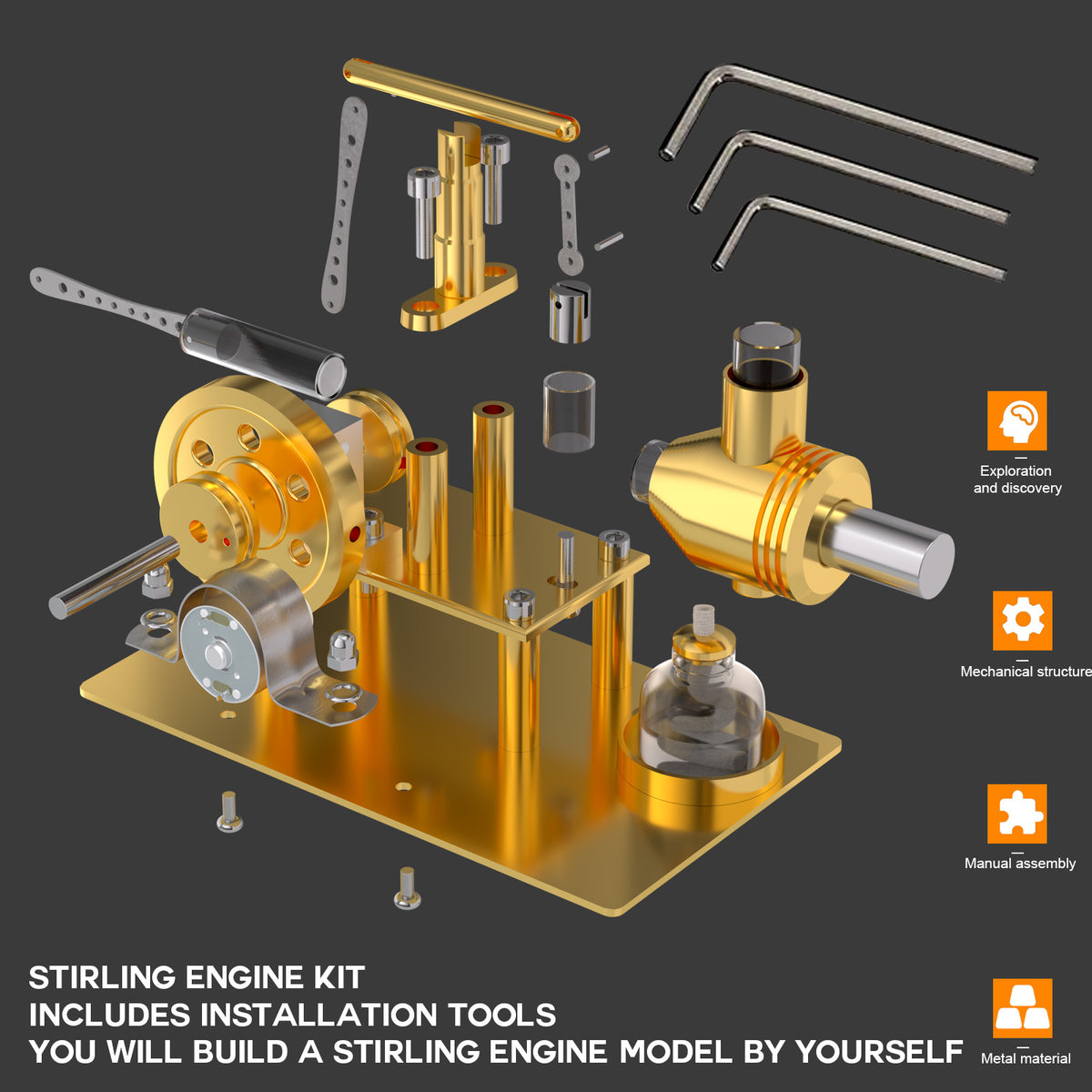 Gamma Free Piston Stirling Engine with LED Lights Physics Demos - stirlingkit