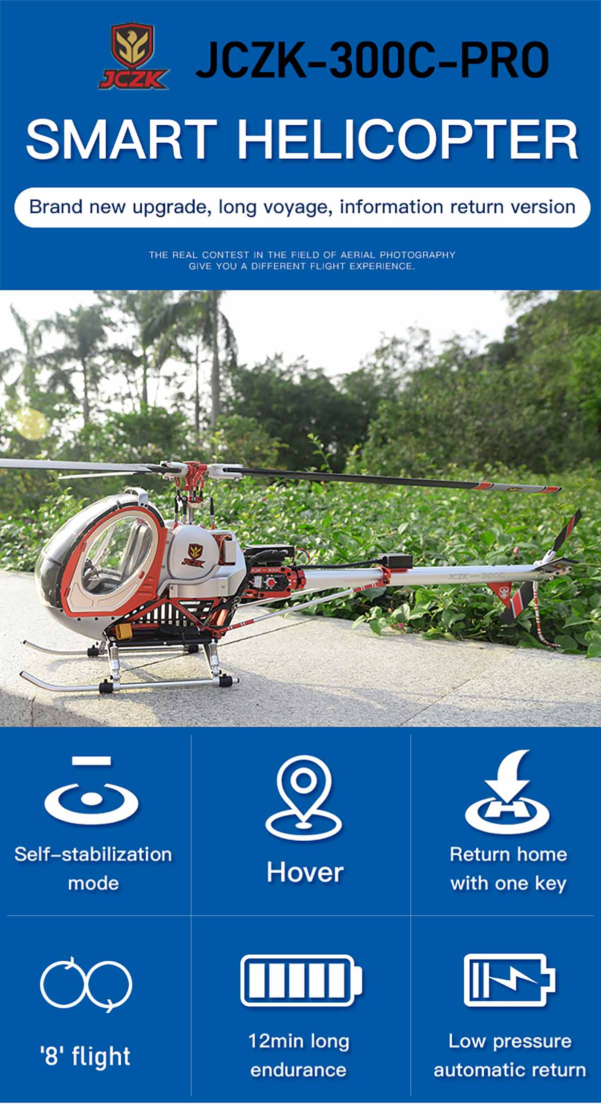 JCZK 300C PRO 12CH Super Simulation Smart RC Helicopter RTF With GPS One-key Return Hover H1 Flight Control Flybarless - stirlingkit