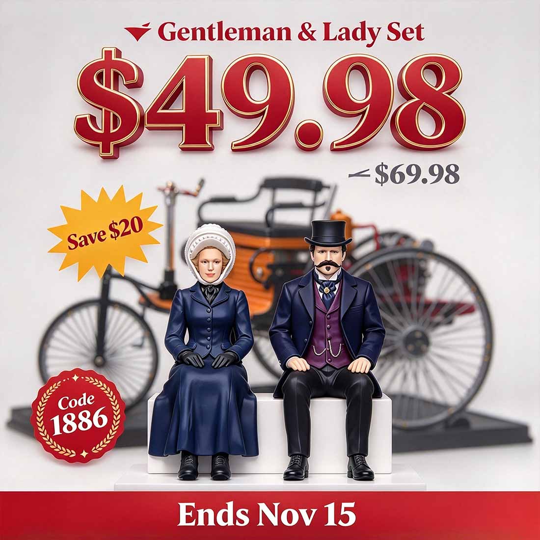 Realistic 1880s Victorian Driver & Passenger Figures for TECHING DM229 World 1st Automobile Kits