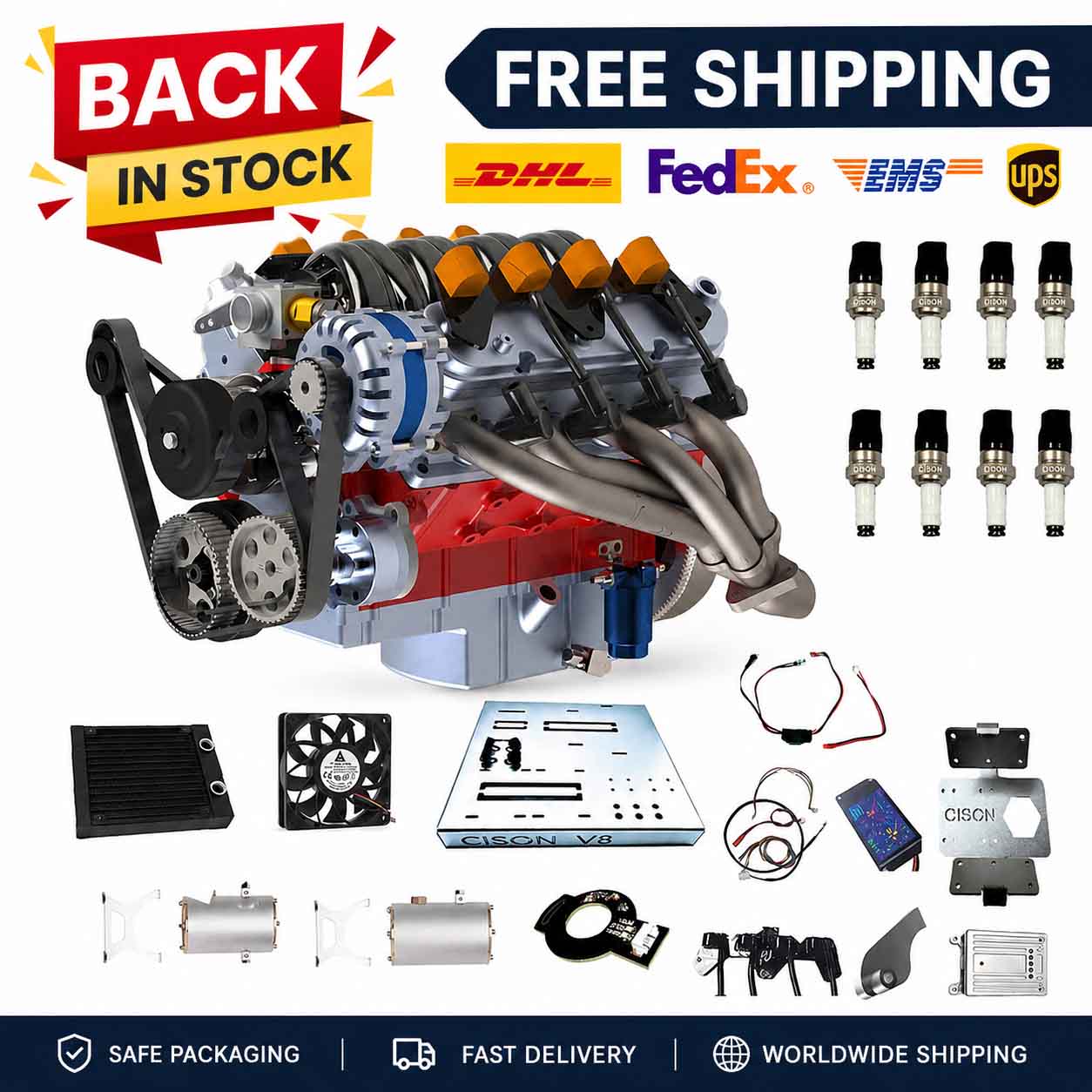 Cison V8 Engine Kits LS-52 with MCU Ignition Metal Base Full Set 52cc