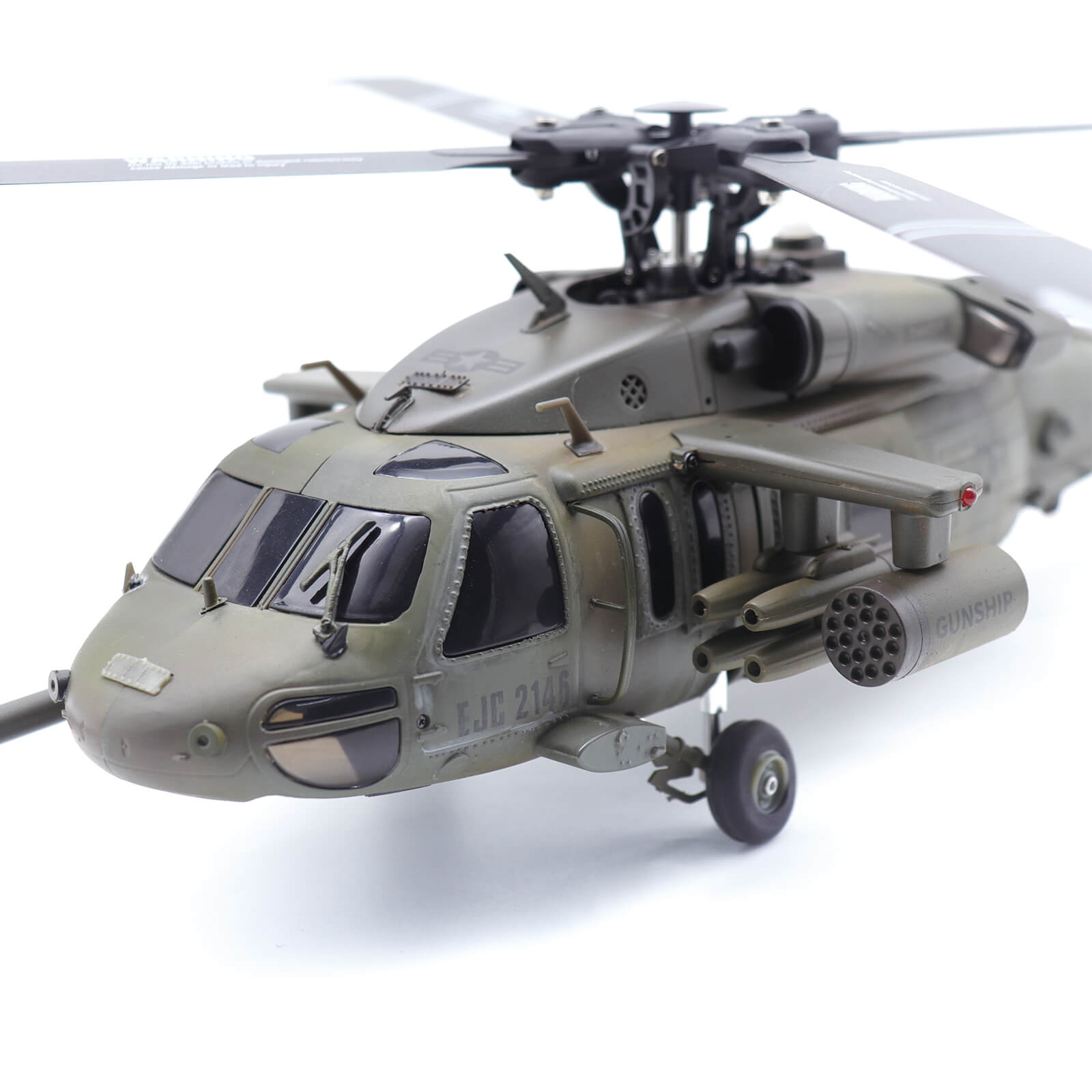 F09 UH-60 Black Hawk RC helicopter with hand-weathered battle-worn finish by Stirlingkit studio - faded olive drab, exhaust staining and paint chipping