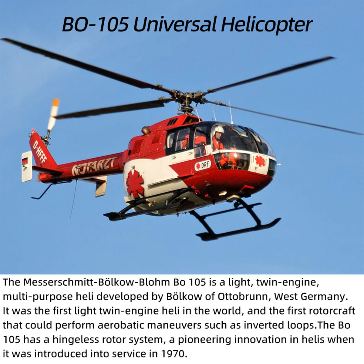 FLYWING BO105 470 Size Scale GPS Heli Drone 2.4G 6CH Big Military RC Helicopter With H1 Flight Controller - stirlingkit