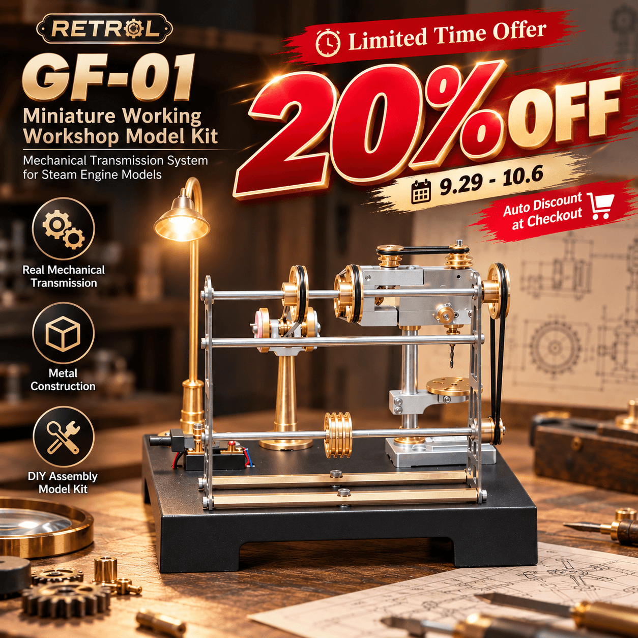 RETROL GF-01 Miniature Metal Working Workshop Model Kits with Mechanical Transmission System for Retrol Steam Engine Models
