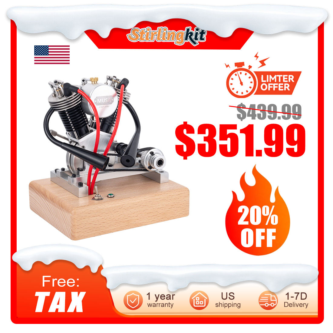 MUSA Hoglet Mini V-twin Engine V2 Gasoline 4-Stroke Engine Motorcycle With Kickstarter