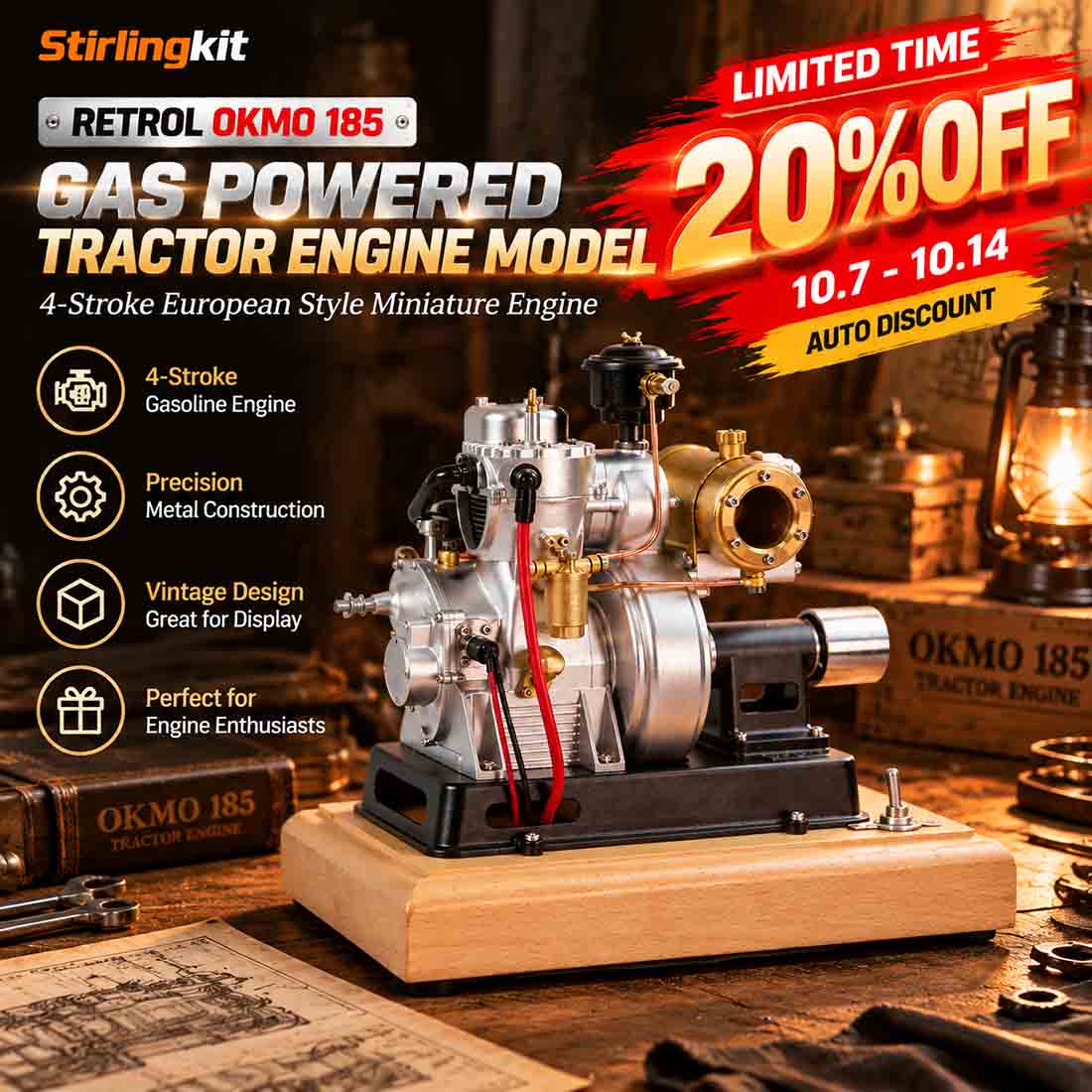 RETROL Okmo 185 antique tractor engine model, 20% off