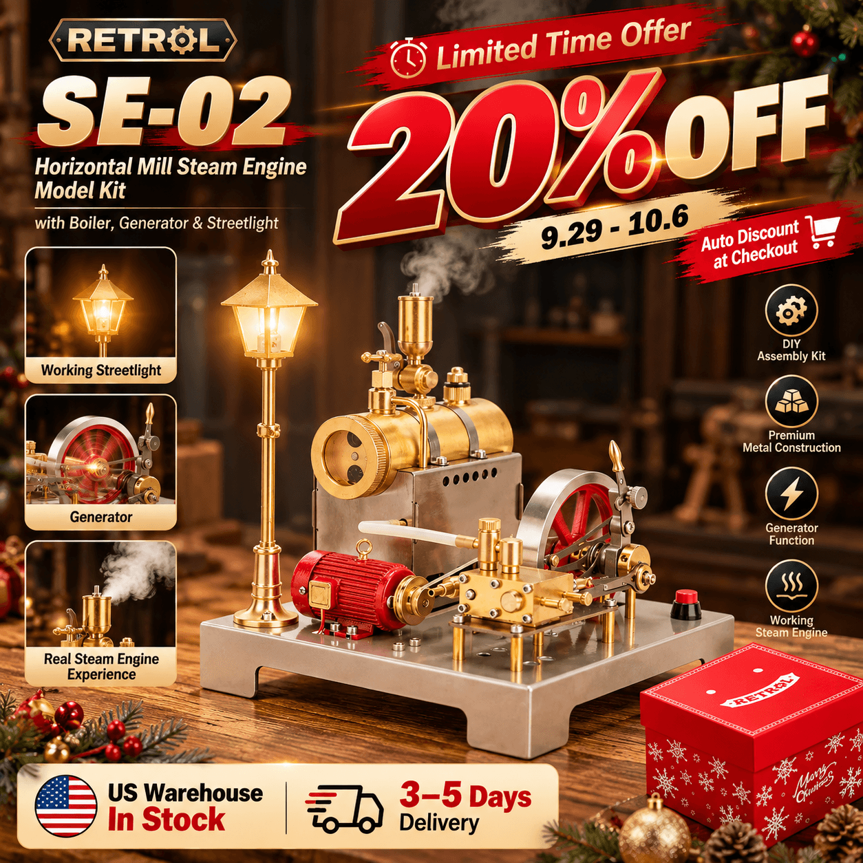 RETROL SE-02 DIY Horizontal Mill Steam Engine Boiler Model Kits with Generator Streetlight