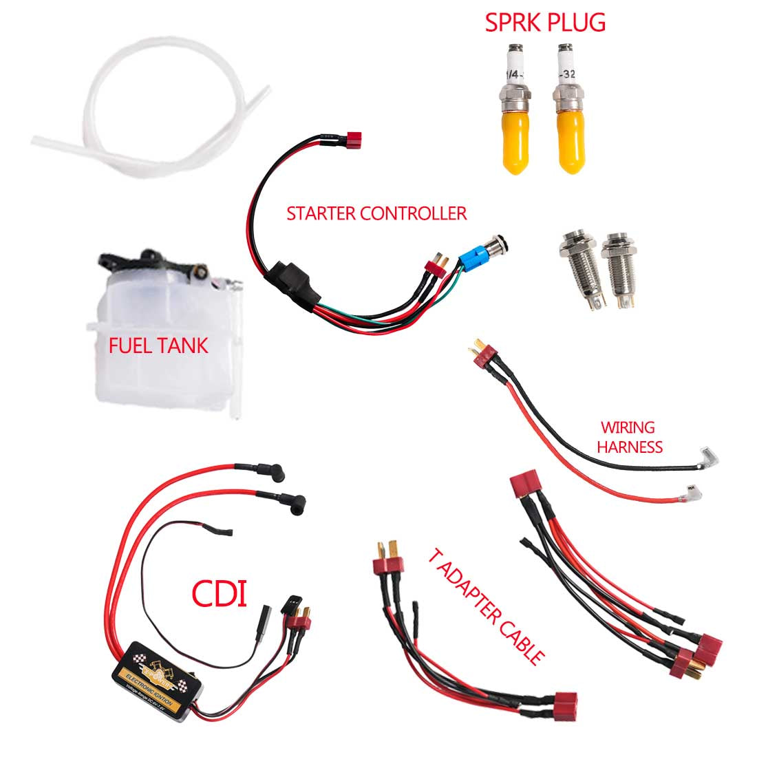 Gasoline starter kit contents for TOYAN FS-L200GC: spark plugs, CDI, Hall sensor, harnesses, fuel tank and tube