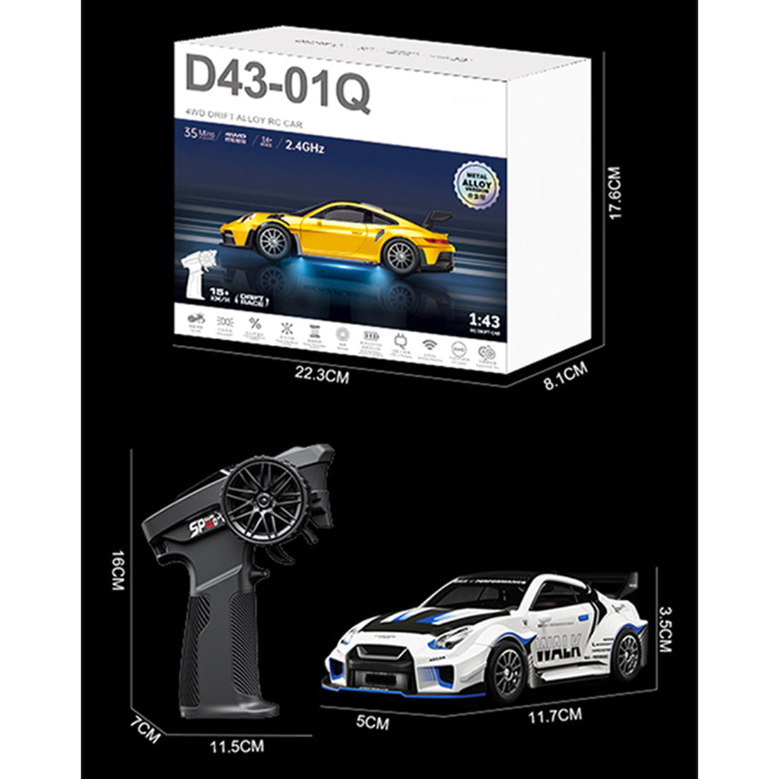 1:43 Micro Scale RC Drift Car 2.4G 4WD Full-Proportional Gyro RC Vehicle with LED Lights RTR