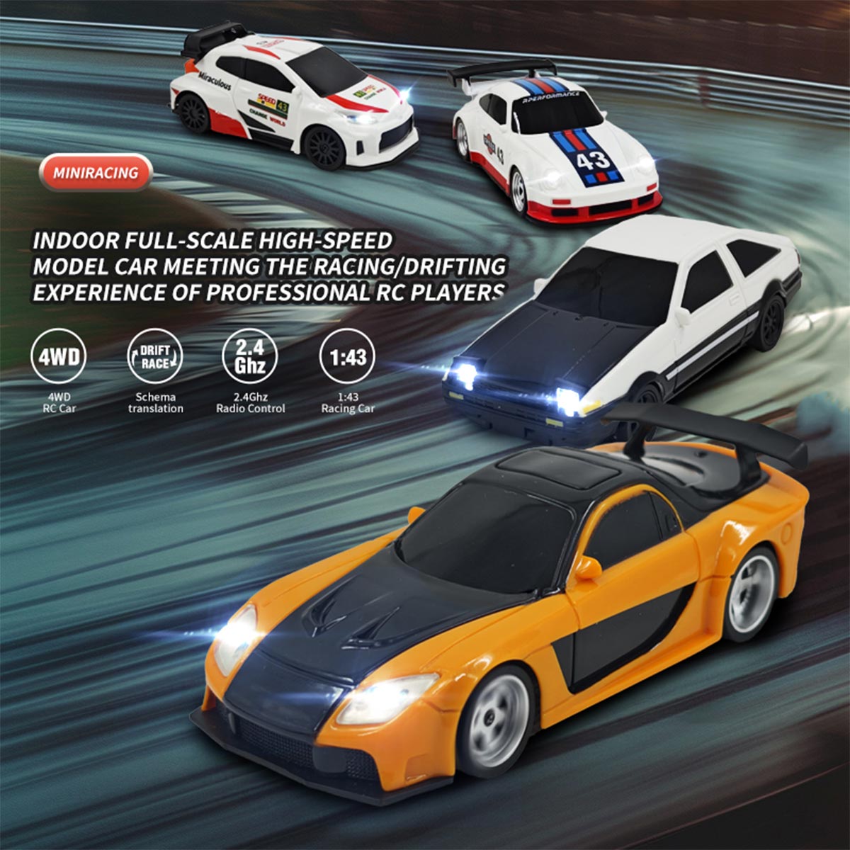 1/43 Scale Mini RC Car 2.4G Full-Proportional LED Remote Control 4WD Drift Racing Car - stirlingkit