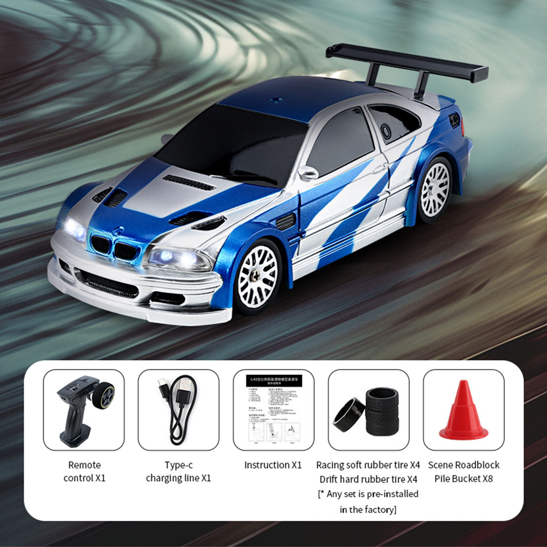 1/43 Scale 2.4G RC Drift Car 4WD 15km/h Mini Racing Car Model with Lights Kit - stirlingkit