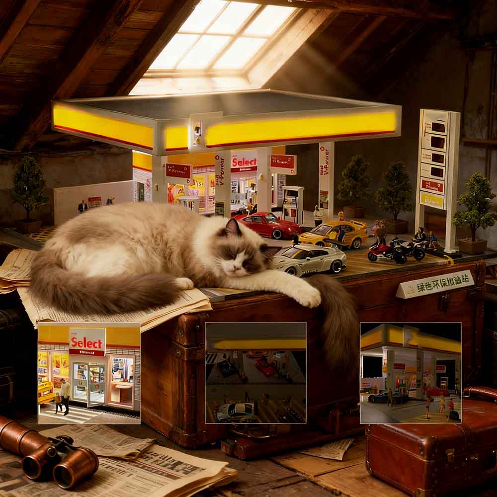 1/64 Scale Gas Station Diorama Model without Vehicles & Mini Figures