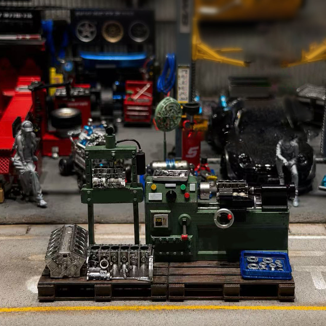 1/64 Scale Miniature Engine Repair Workshop Diorama Set – Lathe, Press & Engine Blocks - stirlingkit
