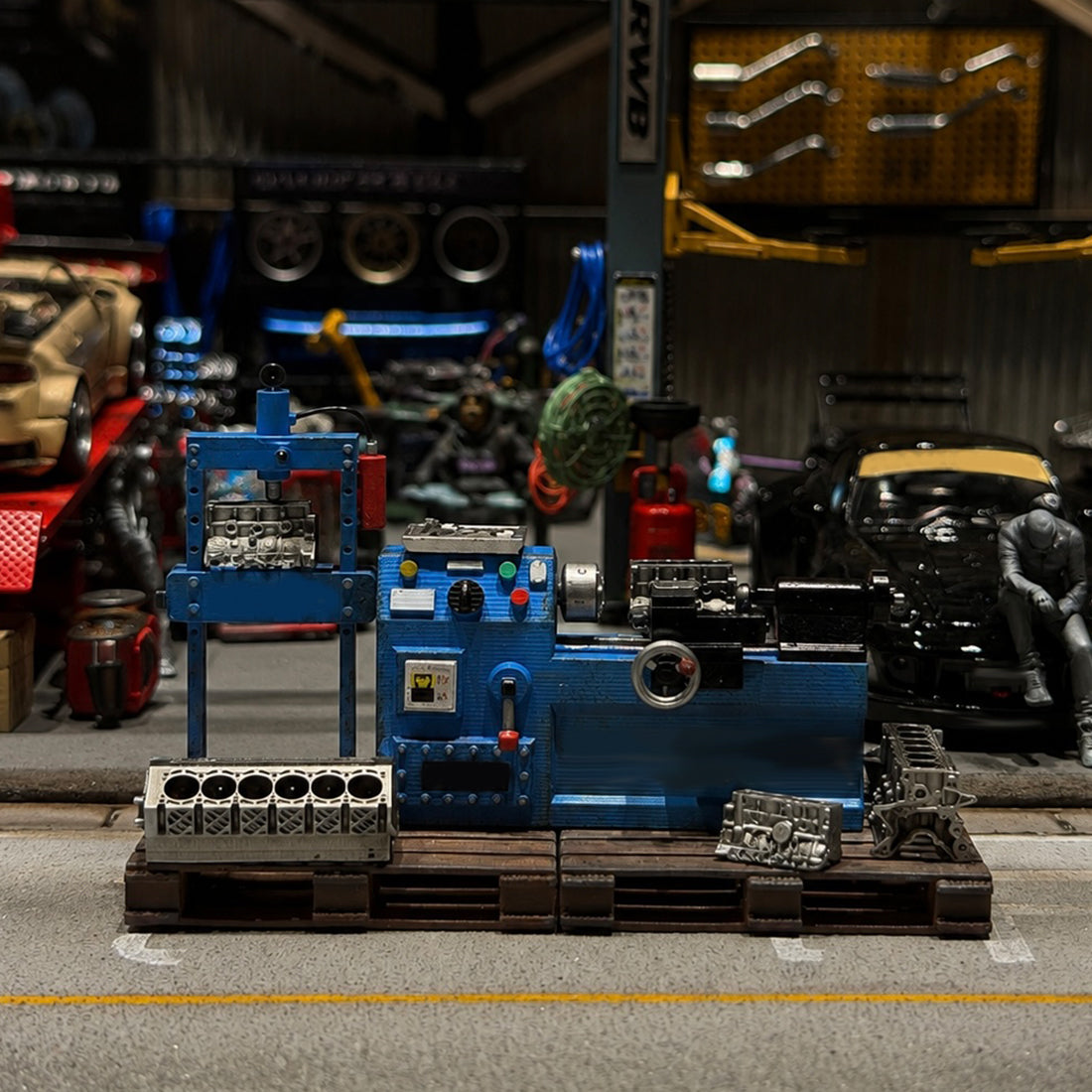 1/64 Scale Miniature Engine Repair Workshop Diorama Set – Lathe, Press & Engine Blocks - stirlingkit