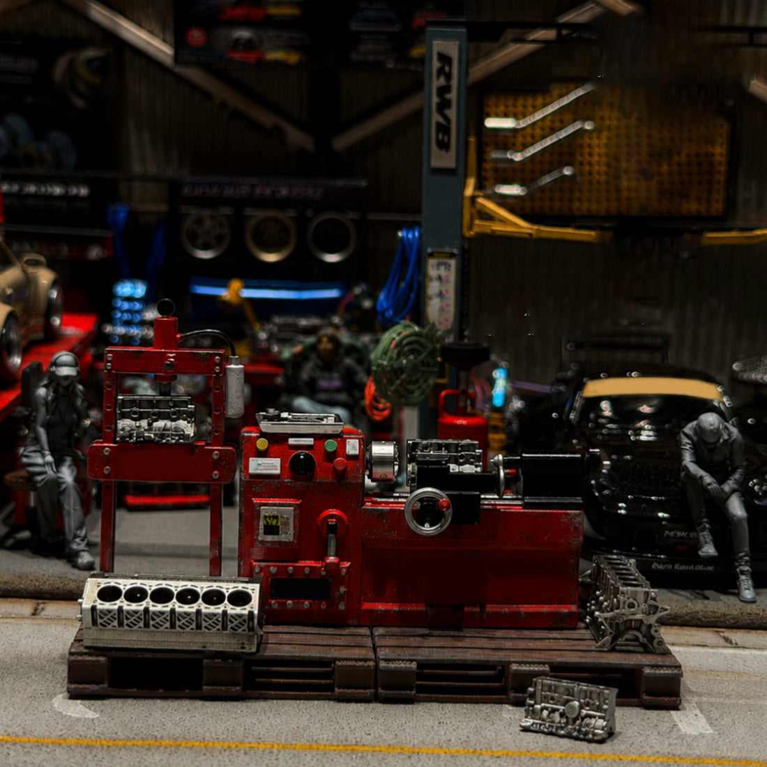 1/64 Scale Miniature Engine Repair Workshop Diorama Set – Lathe, Press & Engine Blocks - stirlingkit