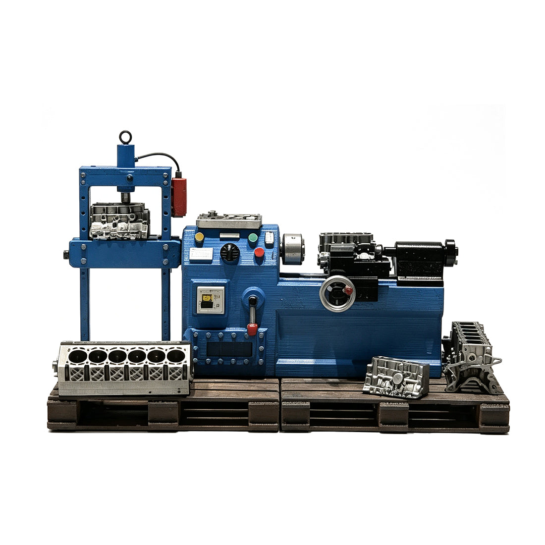 1/64 Scale Miniature Engine Repair Workshop Diorama Set – Lathe, Press & Engine Blocks - stirlingkit