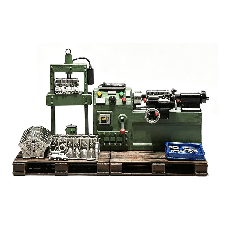 1/64 Scale Miniature Engine Repair Workshop Diorama Set – Lathe, Press & Engine Blocks - stirlingkit