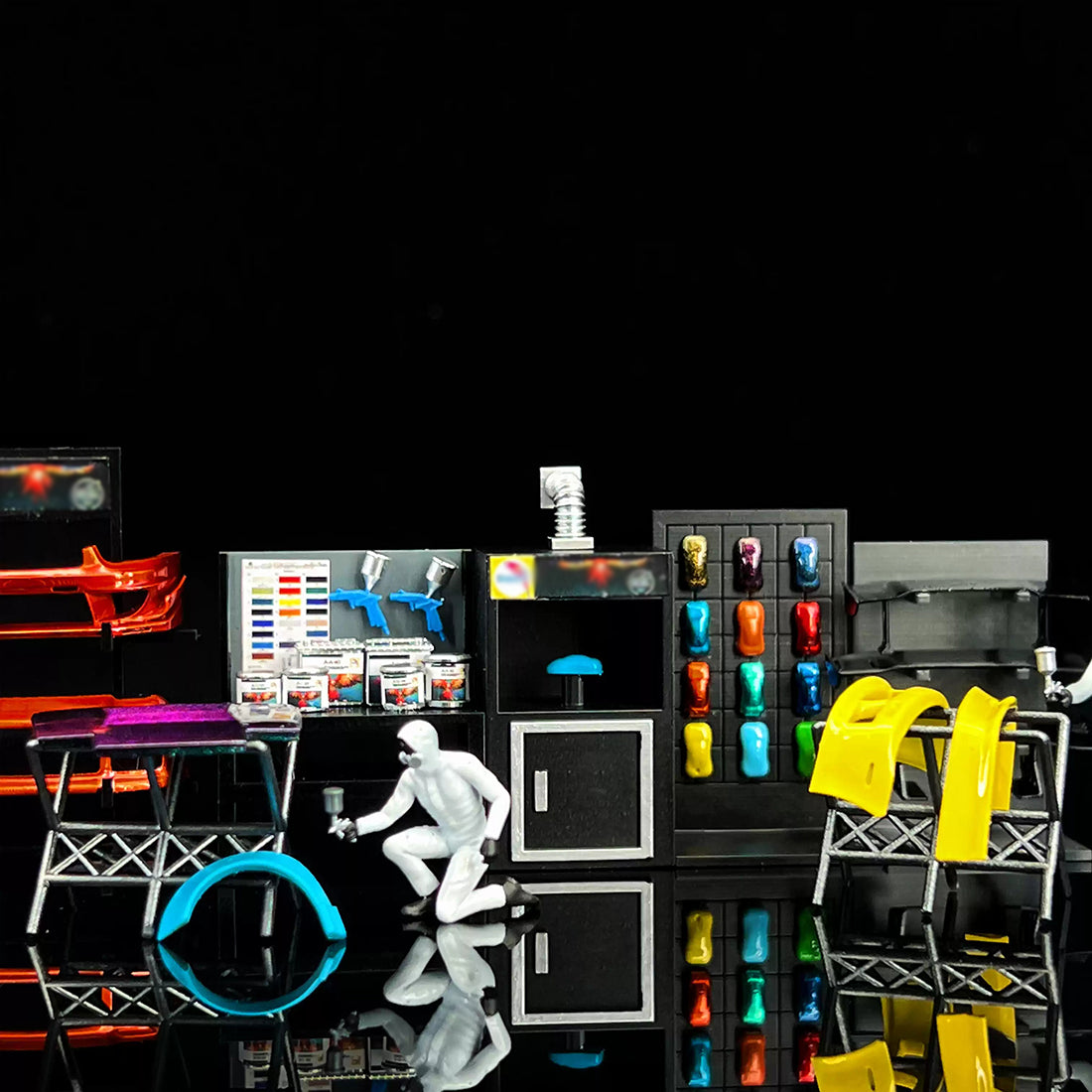 1/64 Scale Miniature JDM Garage Paint Booth & Custom Workshop Diorama Set with Painter Figures - stirlingkit