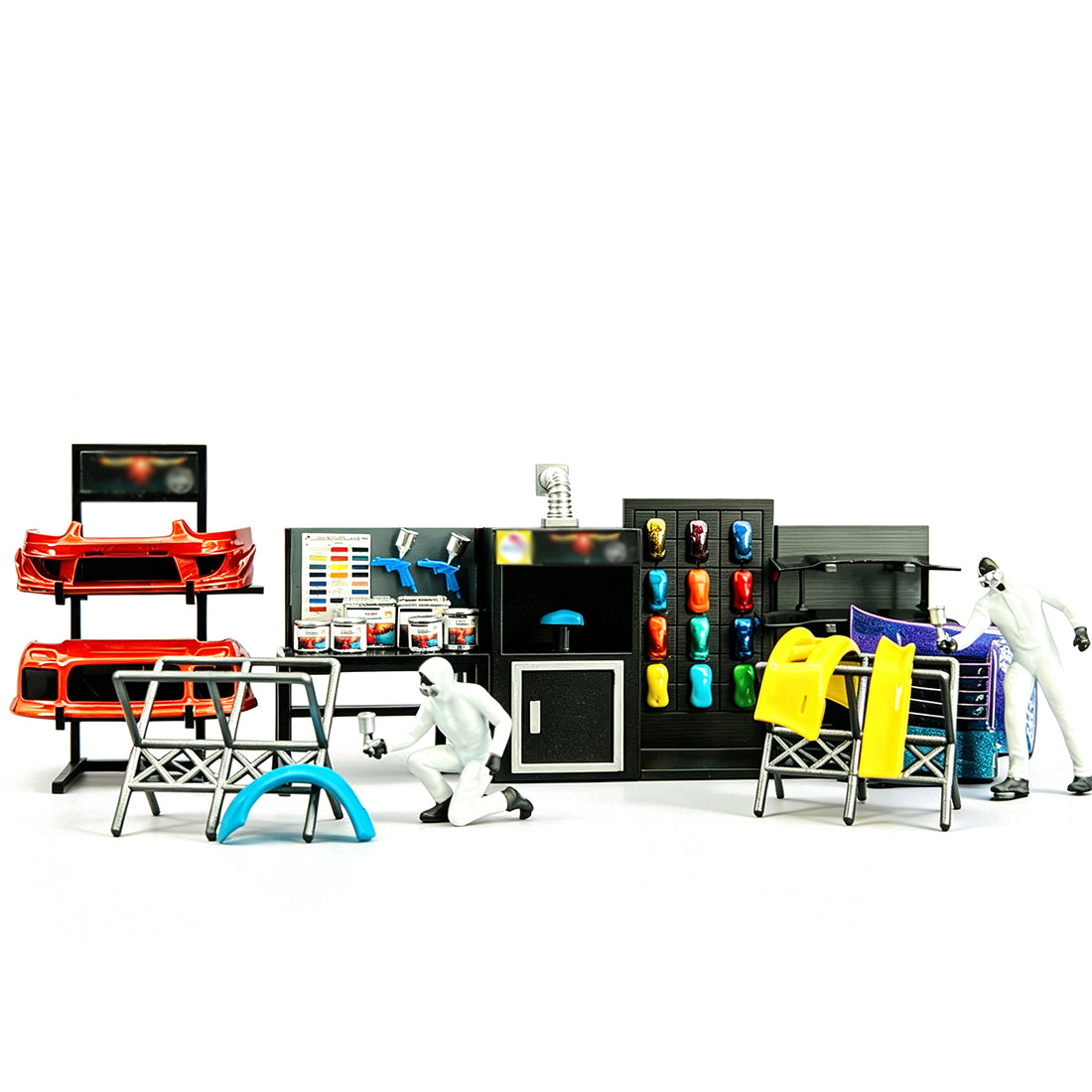 1/64 Scale Miniature JDM Garage Paint Booth & Custom Workshop Diorama Set with Painter Figures - stirlingkit