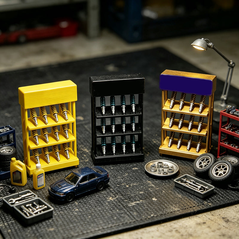 1/64 Tuner Garage Miniature Coilover Display Racks – Realistic Suspension Storage Stands (3-Pack) - stirlingkit