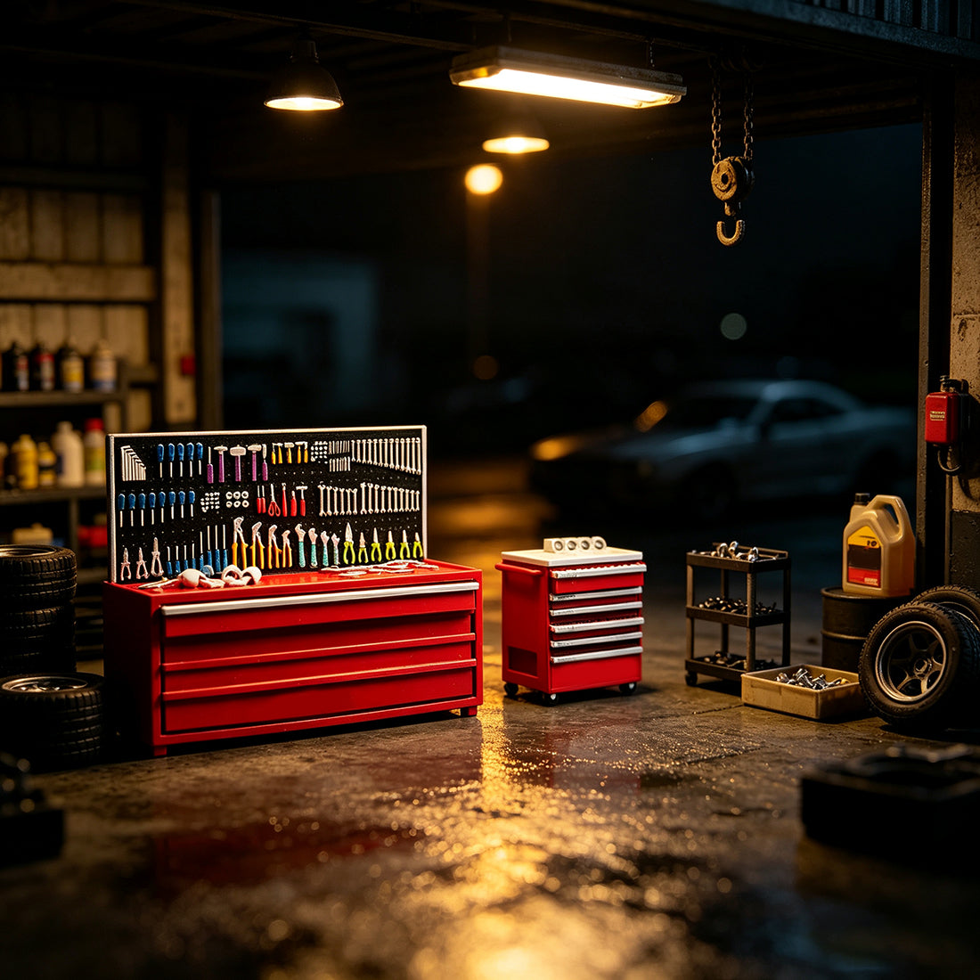 1/64 Tuner Garage Miniature Tool Cabinet & Workbench Set – Detailed Workshop Accessory with Mobile Locker - stirlingkit