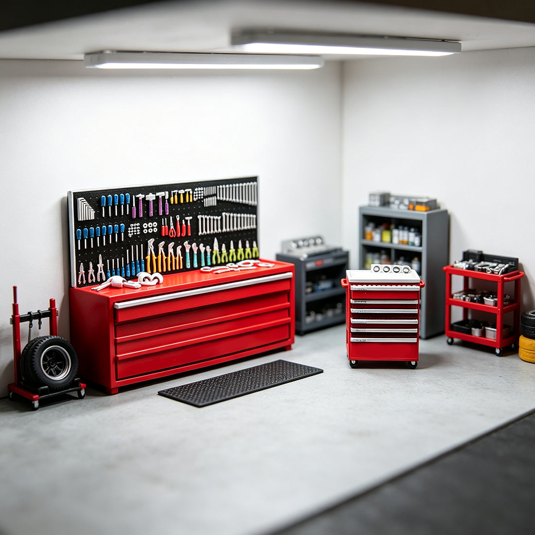 1/64 Tuner Garage Miniature Tool Cabinet & Workbench Set – Detailed Workshop Accessory with Mobile Locker - stirlingkit