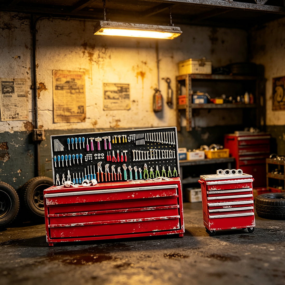 1/64 Tuner Garage Miniature Tool Cabinet & Workbench Set – Detailed Workshop Accessory with Mobile Locker - stirlingkit