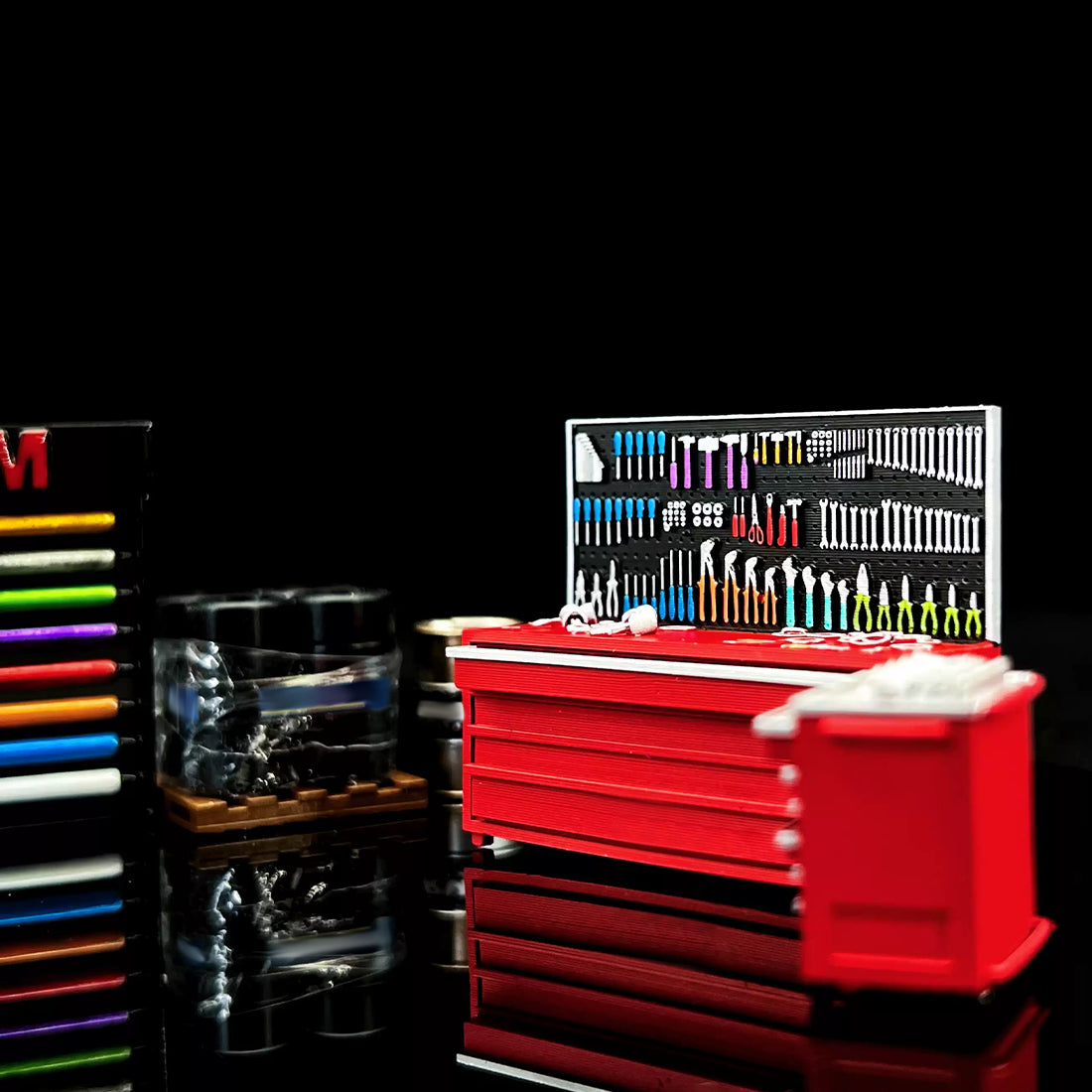 1/64 Tuner Garage Miniature Tool Cabinet & Workbench Set – Detailed Workshop Accessory with Mobile Locker - stirlingkit