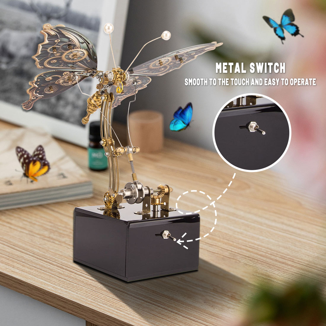 3D Steampunk Kinetic Butterfly Metal Art Sculpture Kits Automata Music Box - stirlingkit