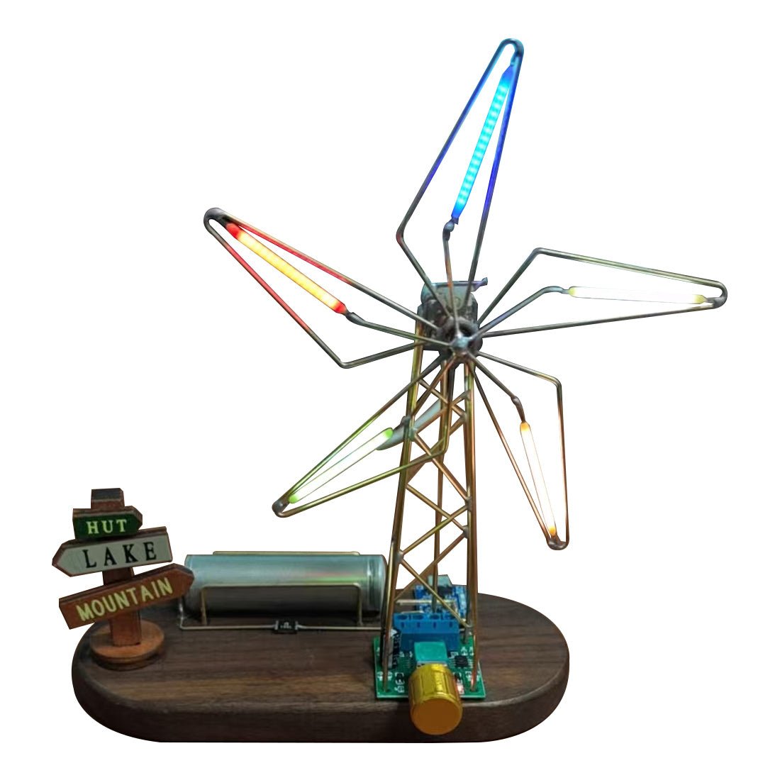 5-Blade Windmill Metal Circuit Sculpture DIY Kits Tabletop Edison Bulb - stirlingkit