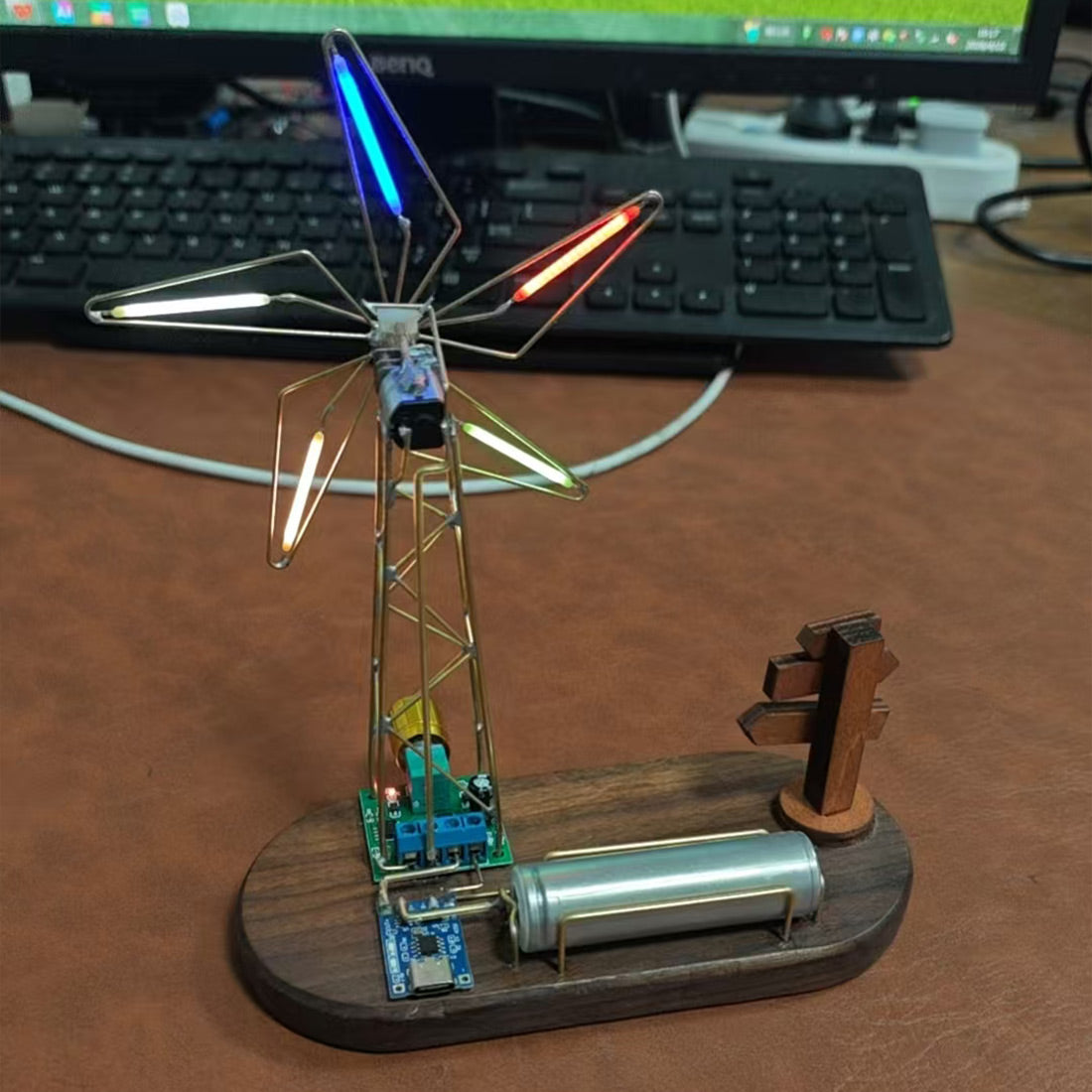 5-Blade Windmill Metal Circuit Sculpture DIY Kits Tabletop Edison Bulb - stirlingkit