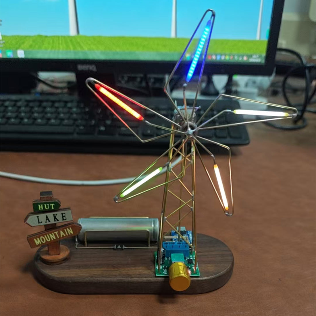 5-Blade Windmill Metal Circuit Sculpture DIY Kits Tabletop Edison Bulb - stirlingkit