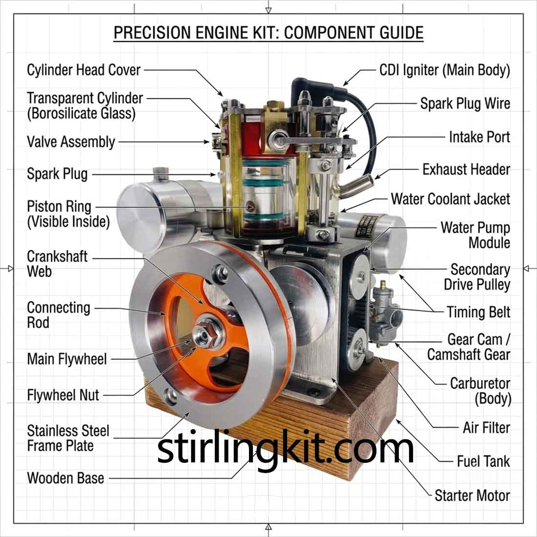 Alcohol-Powered Transparrent 16cc Four-Stroke Engine Model for Teaching Demonstration - stirlingkit