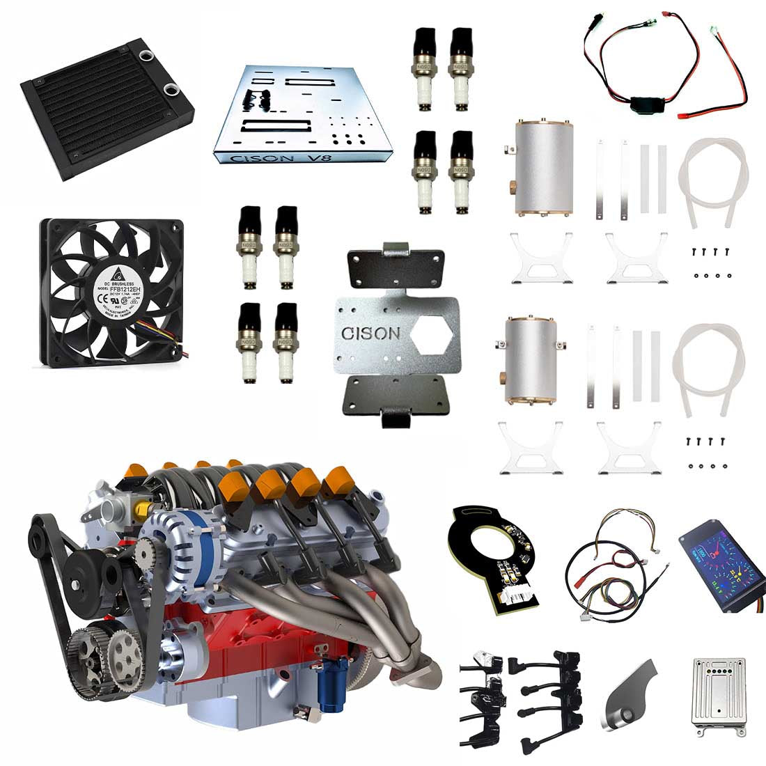 Cison V8 Engine Kits LS-52 with MCU Ignition Metal Base Full Set 52cc - stirlingkit