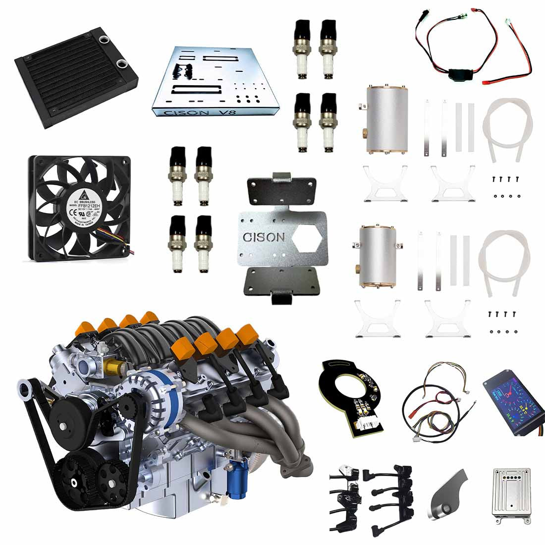 Cison V8 Engine Kits LS-52 with MCU Ignition Metal Base Full Set 52cc - stirlingkit
