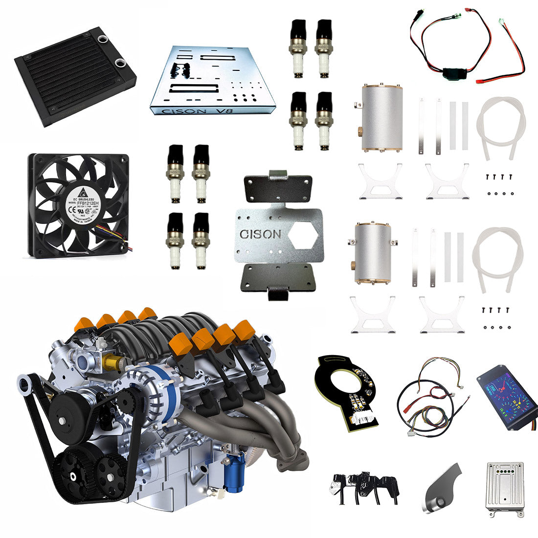 Cison V8 Engine Kits LS-52 with MCU Ignition Metal Base Full Set 52cc - stirlingkit