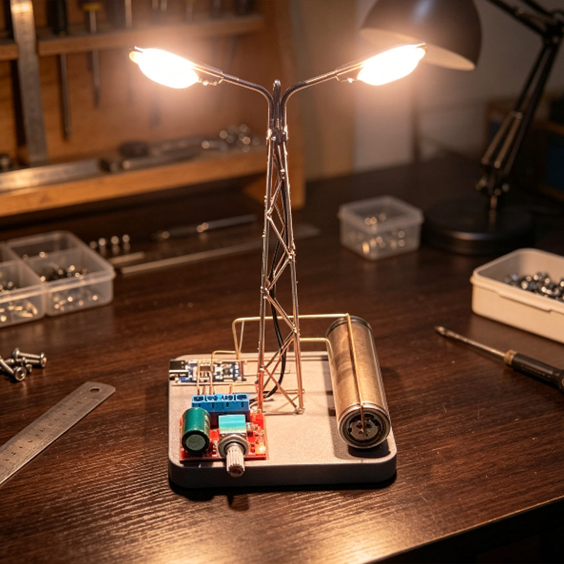 DIY Mini Dual-Head Edison LED Street Lamp Circuit Sculpture