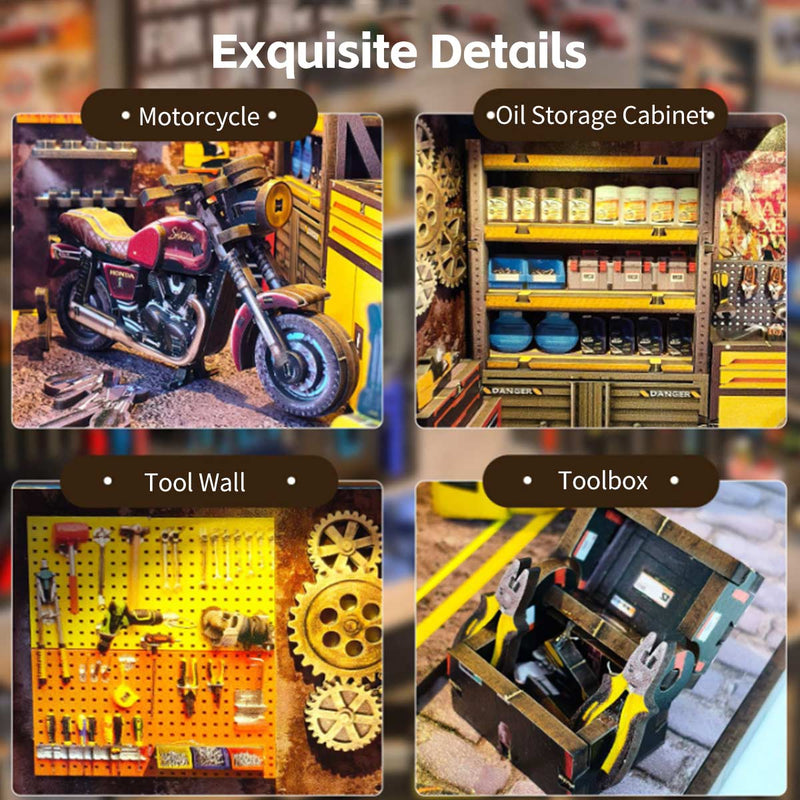 DIY Miniature Motorcycle Repair Shop 3D Wooden Model Building Kit 213PCS - stirlingkit