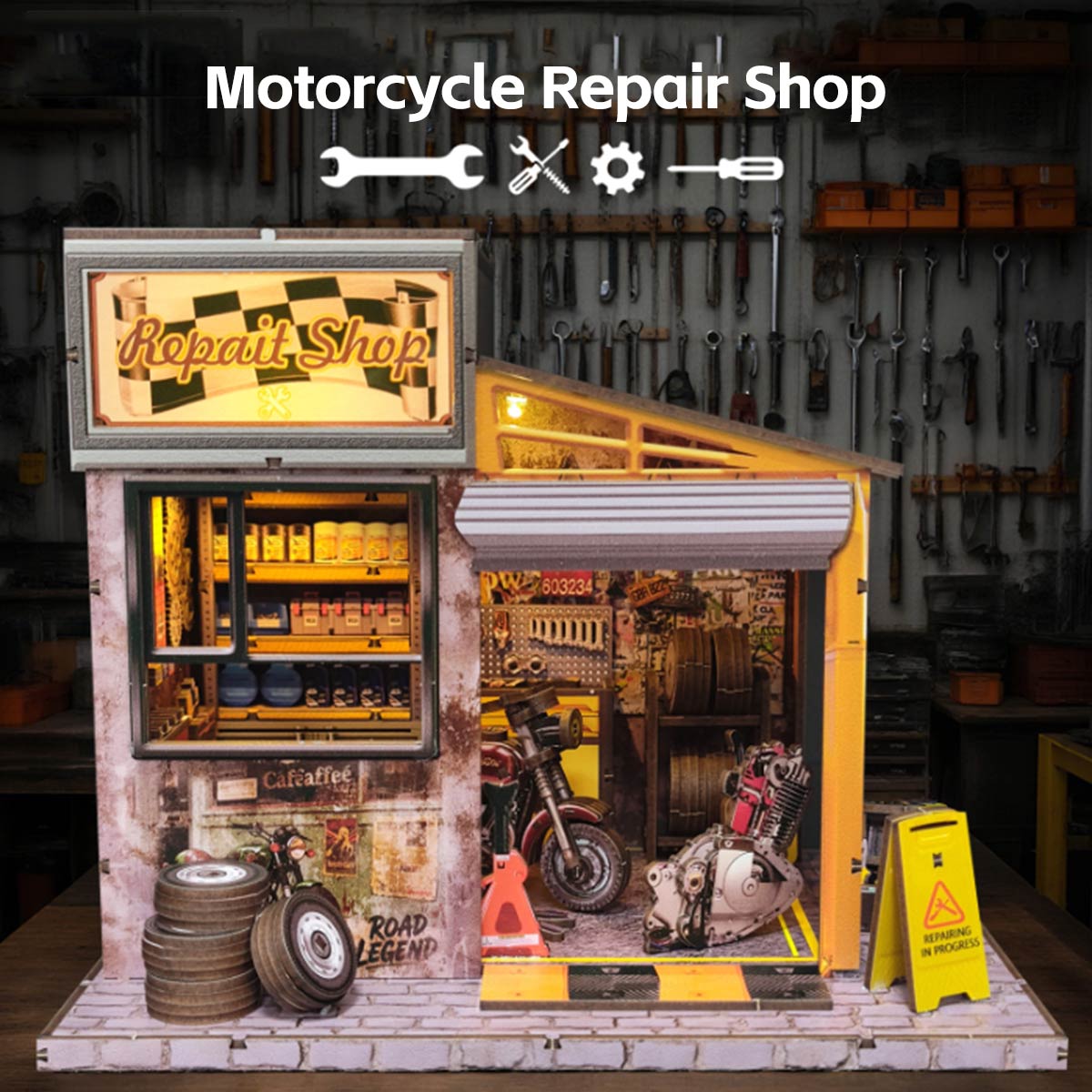 DIY Miniature Motorcycle Repair Shop 3D Wooden Model Building Kit 213PCS - stirlingkit